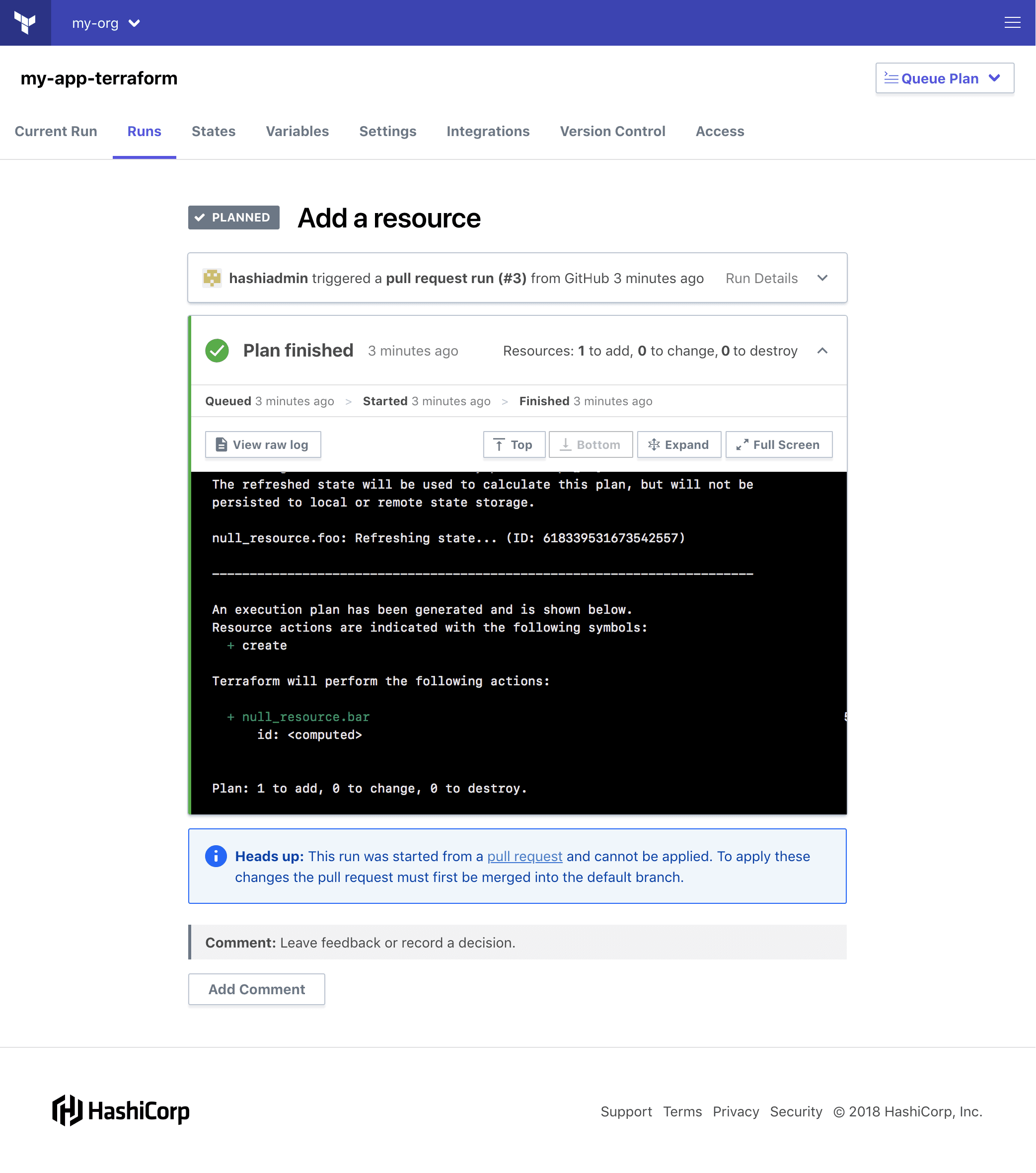 Screenshot of Pull Request run in HCP Terraform