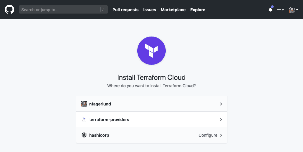 Screenshot: GitHub asking which organization or account to install the Terraform Cloud app in