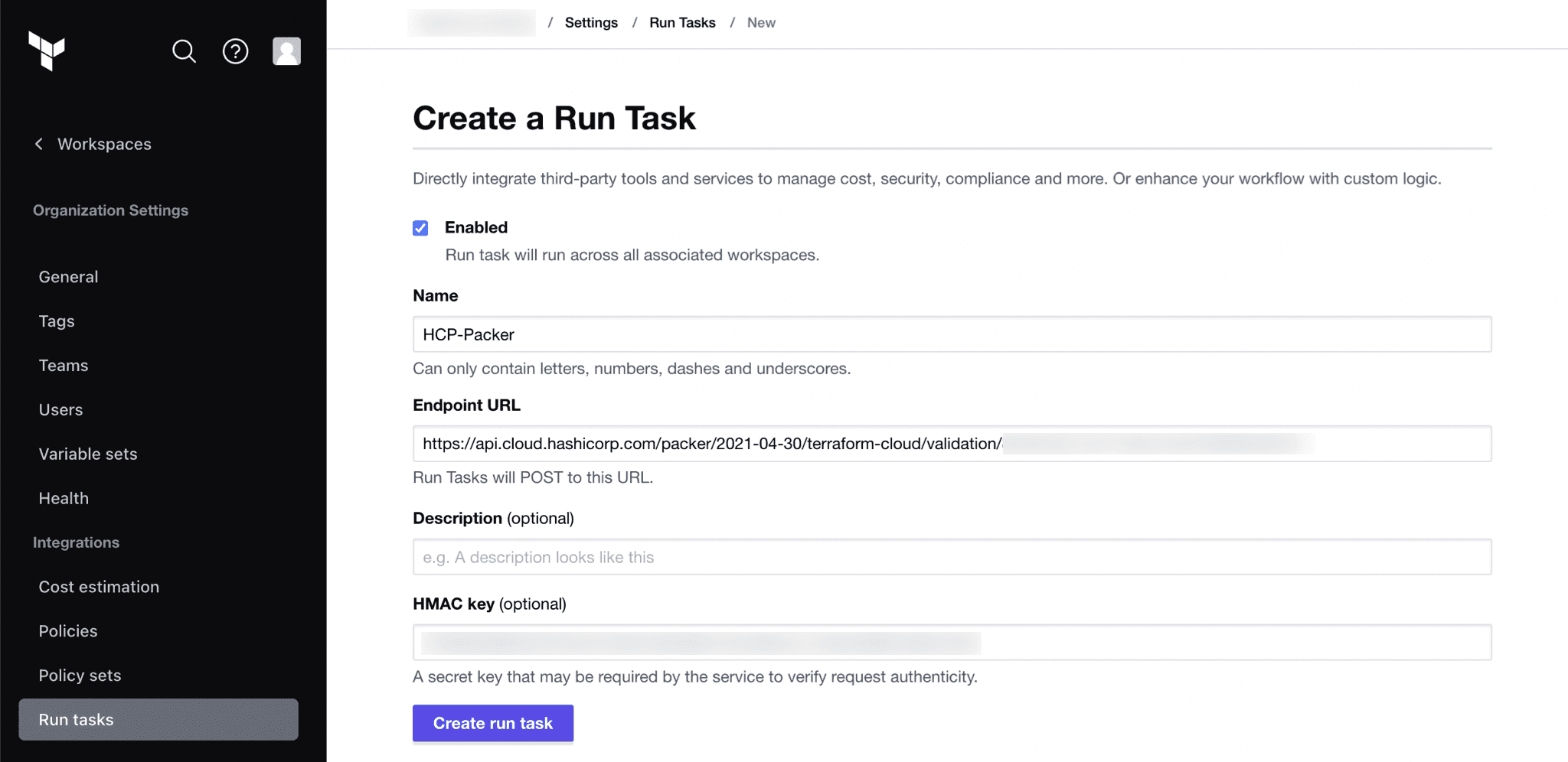 Create HCP Terraform run task with fields