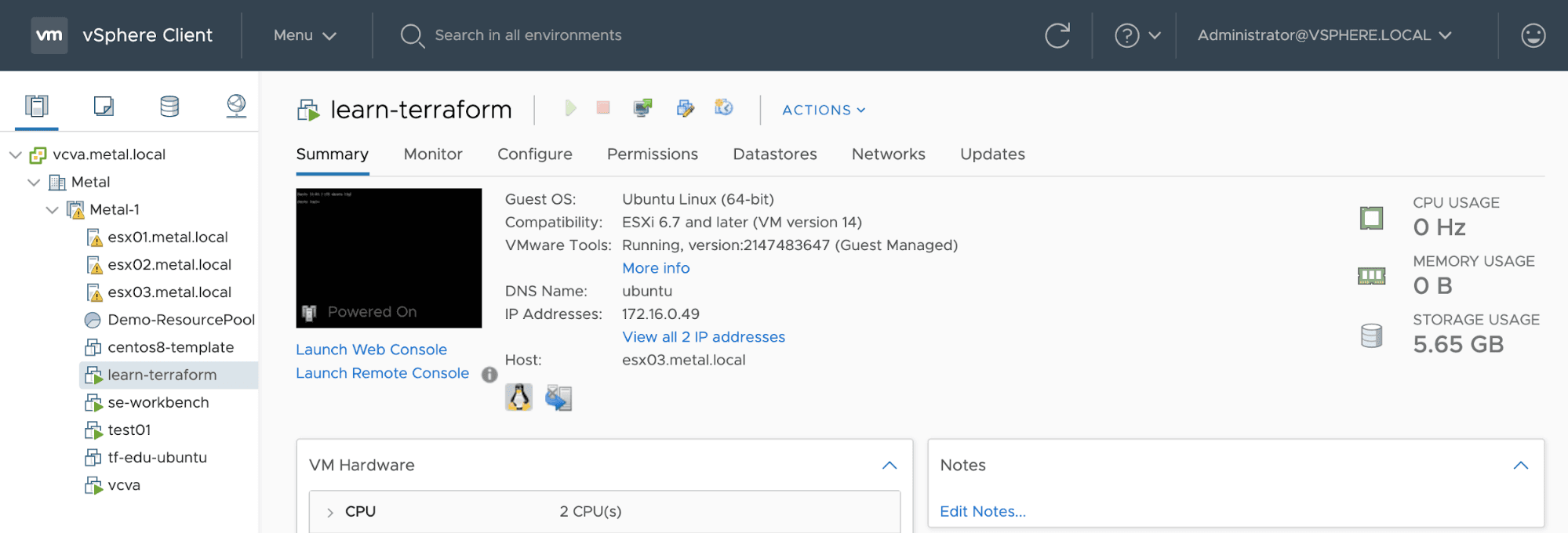 vSphere Client Dashboard showing newly created vSphere VM: learn-terraform